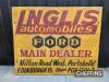 Very large 'INGLIS Automobiles Ford Main Dealer, Edinburgh' sign. This imposing sign is of aluminium over wood construction. It stands 6ft tall, 7 1/2ft wide and 2 3/4ins thick - 3