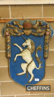 Shield crest depicting a unicorn with chains, approx.41x30ins