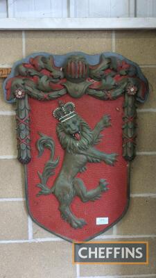 Shield crest depicting a lion with crown, approx.41x30ins