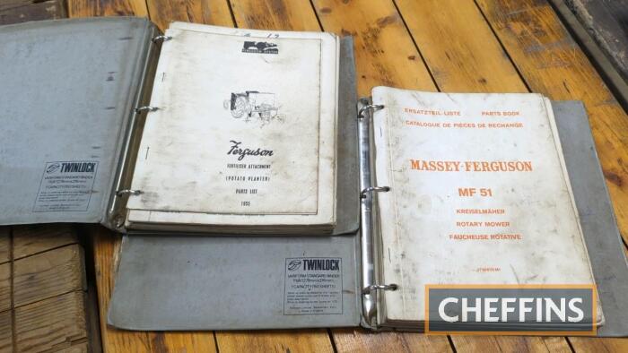 Massey Ferguson implement parts books to inc. mowers, potato planter, spinner, subsoiler etc. 2 binders