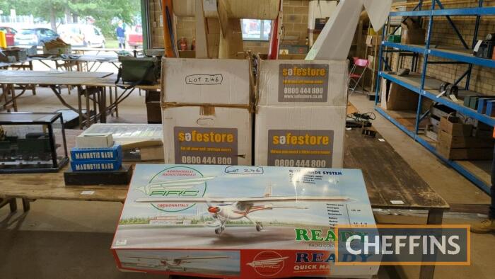 Three R/C model aircraft c/w glo-plug engines, 2 R/C units and a qty of spares