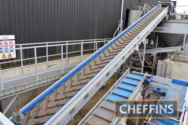 2020 Haith elevator Circa 50ft/15300crs long x 900mm wide fitted with heavy duty rubber chevron belt and polypropylene side blocks Serial No. 26230-28 A load out charge of £555 applies to this lot. Please contact the auctioneers should you require furthe