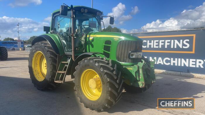 2008 John Deere 7530 Tractor c/w 50k, Auto Power Reg. No. FX58 FDN Ser. No. LO7530R586232