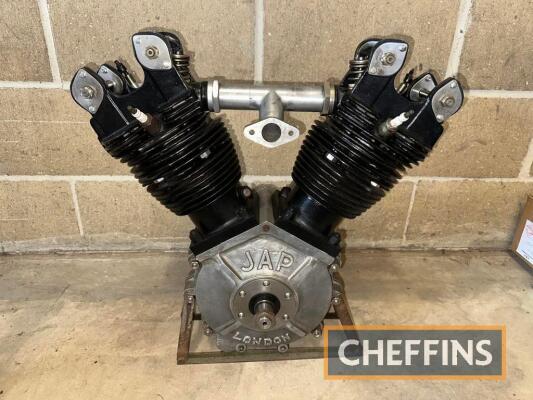 J.A.P. DTZ air cooled V twin engine No. DTZ/U 72386/SSF. Sporting an overhead valve conversion with new barrels and heads with 'dog ear' rocker supports. Offered for sale without magneto and carburettor, stated to be in rebuilt condition and ready to go.