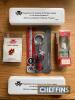 Massey Ferguson a qty of promotional material to inc' enamelled lapel badge, key ring, spark plug and two 1977 Silver Jubilee boxed tea spoons (5)