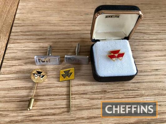 Massey Ferguson, boxed lapel badge, pair of cuff links and two enamelled stick pins