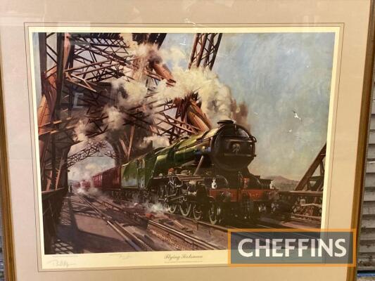 Terence Cuneo; signed Ltd Ed print (104/850) of locomotive Flying Scotsman, also signed by Alan Pegler and Sir William McAlpine, 35x30ins