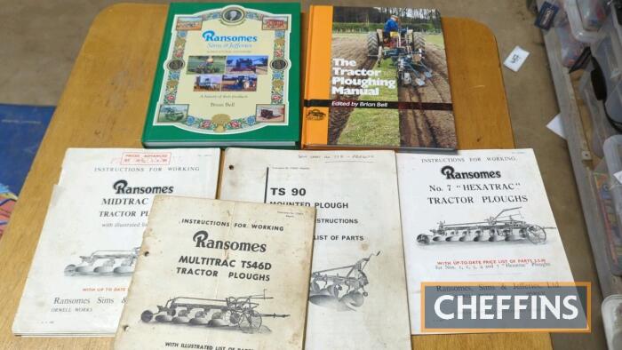 Qty Ransomes instruction manuals to inc. TS90 mounted plough, TS46D Multitrac plough and No.7 Hexatrac t/w Ransomes Simms & Jeffries products book and Tractor Ploughing book by Brian Bell