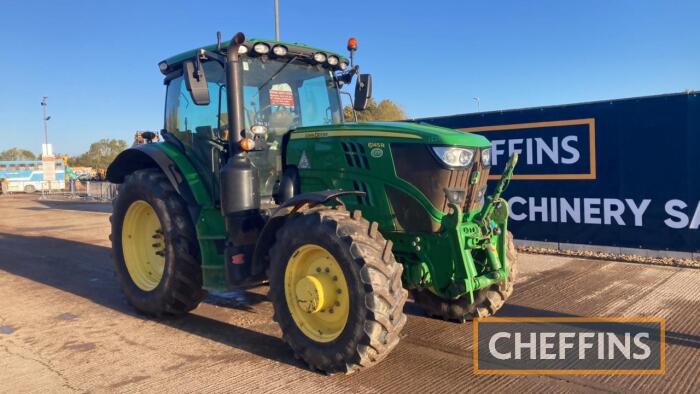 John Deere 6145R Tractor c/w 50kph, Auto Quad, suspended cab, 3 mechanical rear valves, air trailer brakes, Greenstar & IsoBus ready, front linkage, 460/85 R38 & 380/85 R28 Hours: approx 7800 Reg. No. WK67 NJJ