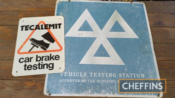 Tecalemit Car Brake Testing sign, 11x15ins together with Vehicle Testing Station aluminium sign, 24x25ins