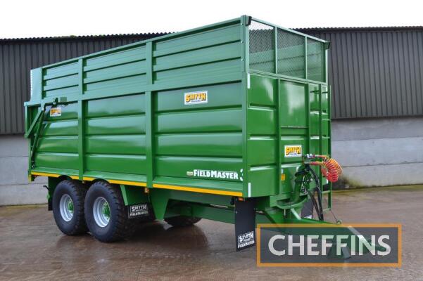 2022 Smyth Field Master 20tonne tandem axle silage trailer with suspended sprung drawbar, sprung axles, hydraulic tailgate, detachable grain window, air and hydraulic brakes with load sensing, rear drawbar with lights and hydraulic brakes, on BKT Ridemax