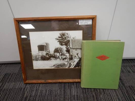 Late Victorian framed and glazed farmyard scene of haystack making t/w Borthwicks 1863-1963 century in the meat trade