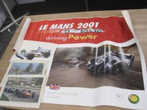 Photo print of Jack Brabham, Brabham Repco V8 1966, L Scarfotti Ferrati V12 1966, Denny Hulne Yandley McLaren Cosworth t/w a Poster for 60th Anniversary Lister Jaguar and Shell advertising adhesive vinyl banner from 2001 Audi Le Mans win