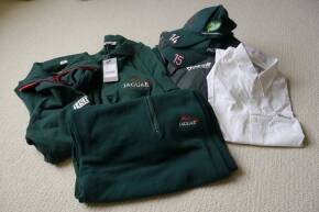 Jaguar Motor Racing tops (with logos), three fleeces (M), T-shirt (S), white shirt (L), two baseball caps and Tyrell lightweight jacket (M)