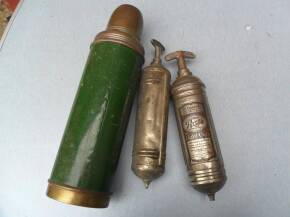 Vintage light car extinguisher, another and flask