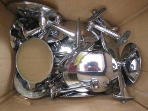 Box of 1950s/early 60s Jemca chrome wing mirrors out of long term storage