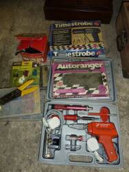 Workshop tooling; soldering kit, strobe gun, Autoranger multimeter, terminal crimping set etc