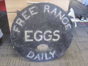 Free Range Eggs Daily, a 17ins dia' circular printed tin sign