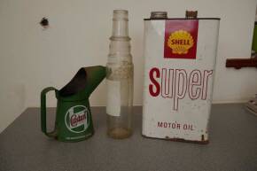 Shell oil can, Castrol oil jug and an oil bottle