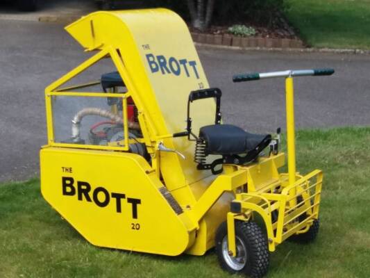 c1960 E.THOMAS & Co. 'The Brott 20' single cylinder petrol RIDE-ON MOWER Serial No. B64857 An early example of this British manufactured flail mower, new components include, tyres, belts, bearings etc. It has been re-engined with electric start Honda unit