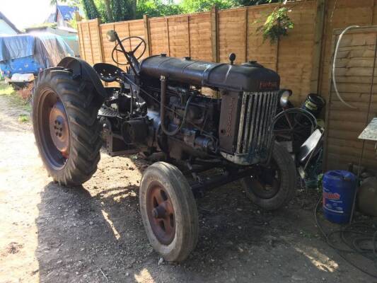 FORDSON E27N 4cylinder petrol/paraffin TRACTOR Fitted with high top gear, starter motor, hydraulics, side belt pulley and near side headlight. Reported to be a very original tractor and sitting on pneumatic tyres