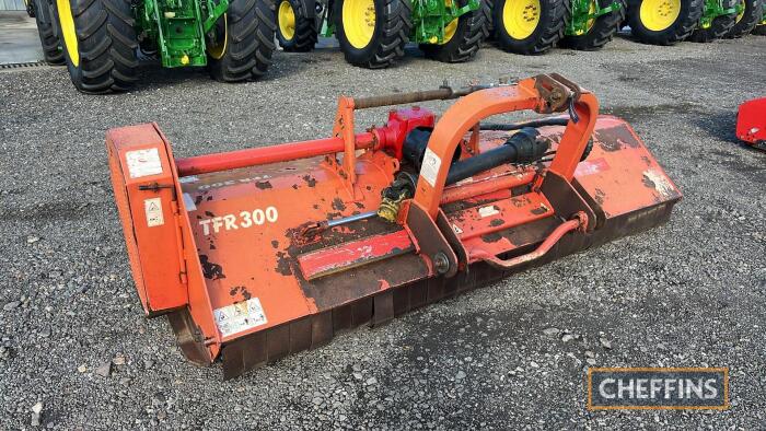 2006 TFR 300H mounted flail mower with rear 3 point linkage mounting, hydraulic offset, side skids, hammer flails, front metal flaps and rear roller, 3m Serial No. 32387