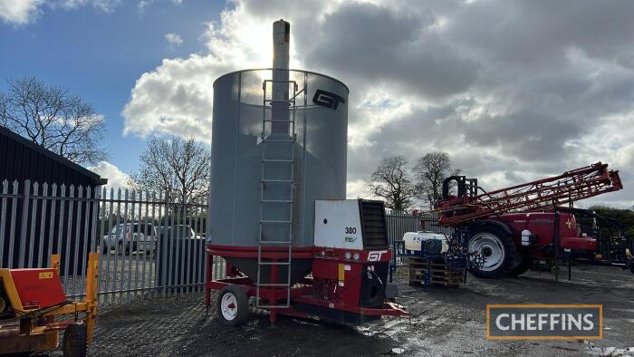 Opico 380 mobile grain dryer with 9tonne hopper, transport drawbar, gas powered, single axle, rear fold up hopper and auger Serial No. 60698