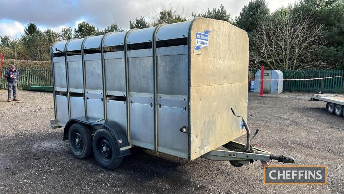 Ifor Williams tandem axle 12' livestock trailer with chequer plate floor, front inspection doors, internal dividing gate, rear gates, road lights, side marker lights and screw type jockey wheel Serial No. 80K600000U0221568