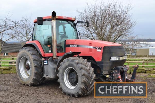 2001 Case MX240 Powershift 40kph 4wd TRACTOR. Fitted with front linkage and 1no. front spool service, rear camera on Goodyear Optitrac 650/75R38 rear and BKT Agrimax 600/65R28 front wheels and tyres. Reg: Y353 AOR Serial No. JJA0111730 Hours: 9,189 FDR: 0