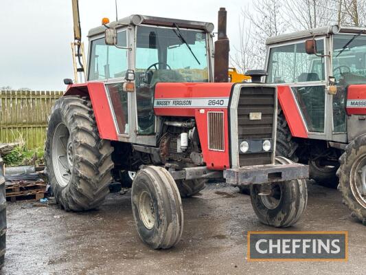 1983 MASSEY FERGUSON 2640 diesel TRACTOR On 520/85R38 PAVT rear and 11.0-16 front wheels and tyres Reg No. NNH 66Y Serial No. S254210 FDR: 24/03/1983