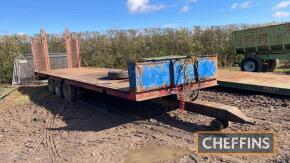 Tri-axle steel bodied beaver tail flat bed 26ft trailer, c/w hydraulic steel ramps, hydraulic air brakes