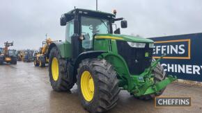 John Deere 7310R Tractor c/w 50k, Auto Power, front links, GPS ready, 5 spools, hydraulic top link, all round Trelleborg, fridge, puh, drawbar Reg. No. SV17 LYR Ser. No. 1RW7310RCGD092094