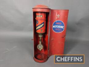 Price's Motorine U.C.L. A counter top upper cylinder lubricant dispenser. Complete and original with all decals in place and quart oil bottle. 21ins tall, a rare item in this unrestored condition