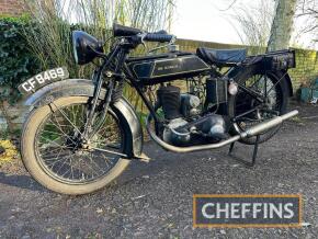1928 SUNBEAM Model 5 Long-stroke 492cc MOTORCYCLE Reg. No. CF 8469 Frame No. B2411 Engine No. J2375 This side valve Sunbeam with a 3-speed foot change gearbox comes equipped with a Bonniksen 100mph speedo', leather toolboxes, Lucas horn and headlamp and f