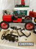 Tinplate fire engine, requiring assembly, chocolate tin in form of vintage van together with two damaged tractor models and boxed Mercedes tractor unit (5) - 5