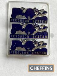 The Ferguson System, 3 enamelled lapel badges, 2 button hole type, one pin type (lacking pin)