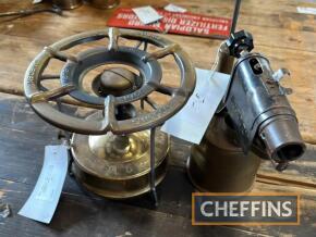 Brass kerosene camping stove 'Made in Sweden' together with blow lamp