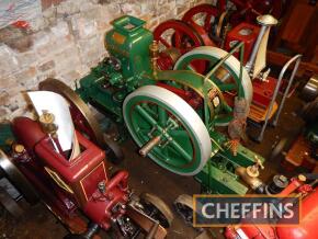 1921 Bamford 'Tulip Top' 2.5hp 4ins bore, 6ins stroke single cylinder open crank stationary engine with twin flywheels and belt pulley on wooden trolley Serial No. 1004