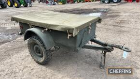 Bantam T3 1/4ton trailer, reportedly used on a a local farm until the 1960s. It has received a restoration and is supplied with a canopy and spare wheel. Ideal for use with a Willys, Hotchkiss or Kaiser Jeep (please note: Buyers premium will be charged a