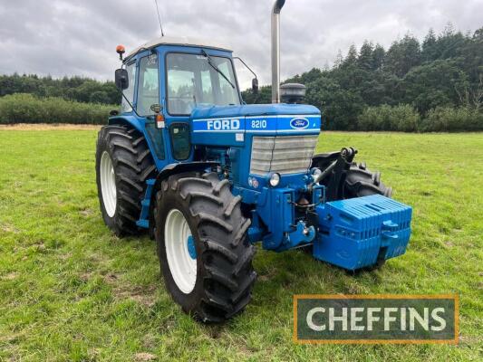 1983 FORD 8210 40kph 6cylinder diesel TRACTOR Reg. No. DOD 74Y Serial No. 528214 Fitted with Garrett turbo, aircon, beacons, front linkage, weight frame and front weights and rear wheel weights. This tidy 8210 has been fitted with new mudguards