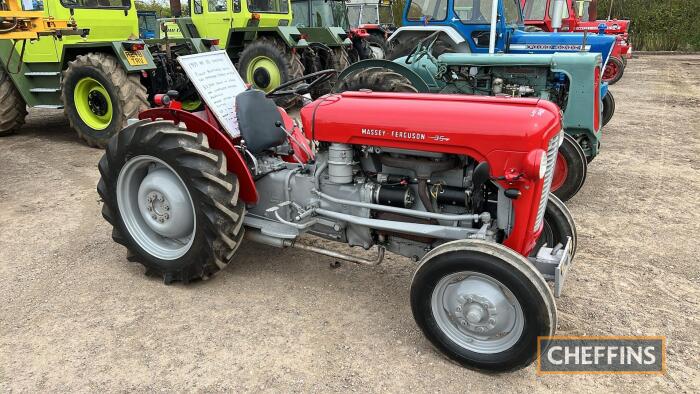 1959 MASSEY FERGUSON 35 vineyard 4cylinder diesel TRACTOR Reg. No. 824 XUN Serial No. 26695 Fitted with 7pin trailer electrical socket. This narrow 35 is showing just 33 hours since a comprehensive restoration in 2020. Work included an engine rebuild,