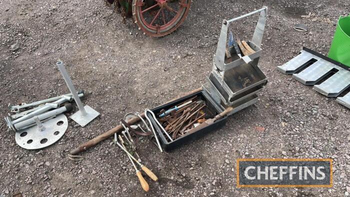 Assorted blacksmiths and farriers hand tools to inc. horseshoe shaper, c/w farrier tool box
