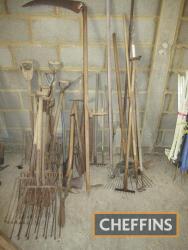 Large qty beet forks, rakes and handtools