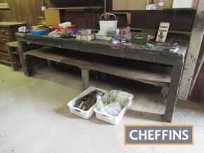 Wooden workbench and selection of hand tools fixings, drill bits and spares