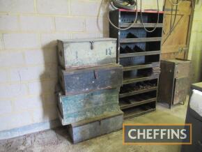 4 wooden trunks, steel shelf unit and steel cabinet