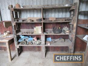 Wooden rack of contents of plough and cultivator wearing parts, hydraulic pumps etc
