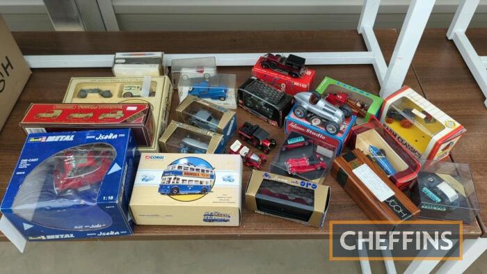 Qty small scale model cars, some with boxes