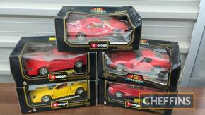 Ferrari 1:18 scale model cars by Burago to inc. 250 GTO, F40 and Testarossa. All boxed, some damage to boxes (5)