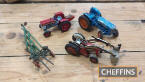 3no. Corgi tractor models to inc' Massey Ferguson 65 with hydraulic loader, Massey Ferguson 165 Multi-Power with transport box and milk churn and Fordson Super Major with plough