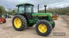 JOHN DEERE 3650 diesel TRACTOR Reg. No. Serial No. Fitted with SG2 cab, Power Synchron, sunroof and cab heater on 460/85R38 rear and 420/85R24 front wheels and tyres. Showing 7,038hrs